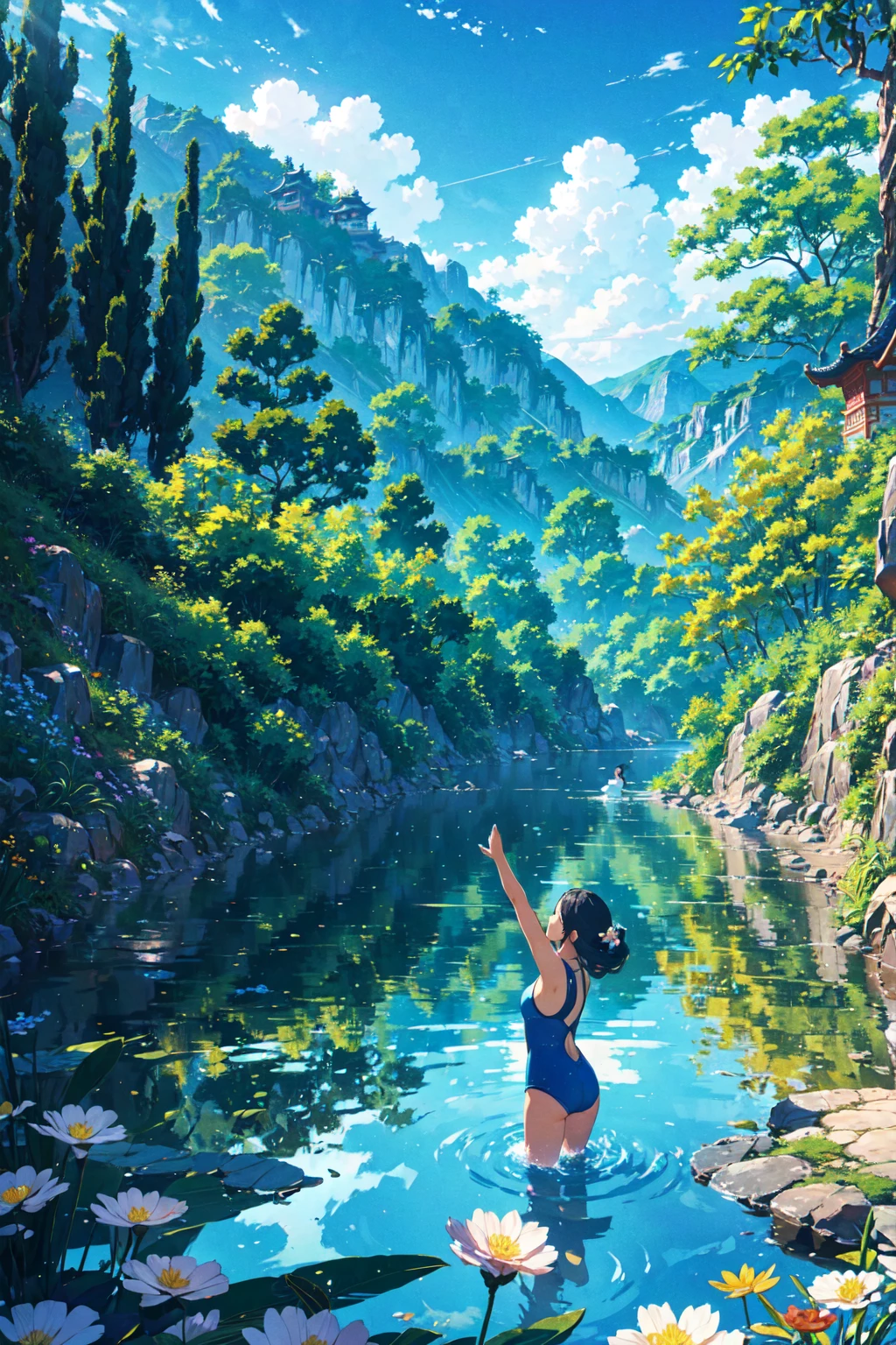 Dancing in the blue sky(loong:1.3), swimming wear girl on loong, Calm Day, Detailed Clouds, Beautiful stream, flower, Distant home