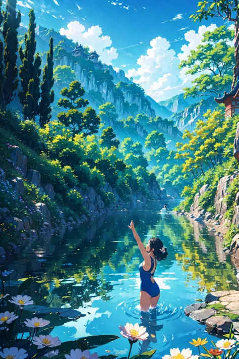 dancing in the blue sky(loong:1.3), swimming wear girl on loong, calm day, detailed clouds, beautiful stream, flower, distant ho...