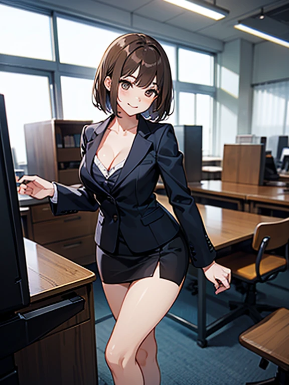 (Highest quality, 8k, 32K, masterpiece, Ultra-high resolution: 1.2), 1 Girl, Beautiful Japanese Woman, Thin waist, Gray suit, Open jacket, Attractive office lady, suit, Tight Skirt, office, office, machine, Beautiful Face, Brown Hair, Bob Hair, Saggy eyes, muscular,Slender figure,Cleavage, thin, whole body, Detailed expression down to the fingertips,Sexy thighs, One Woman, alone, A charming smile