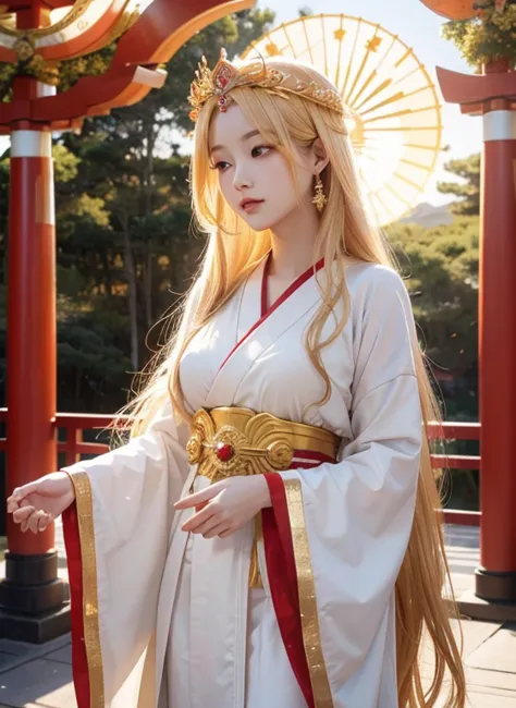 "amaterasu omikami, the japanese sun goddess from mythology. depict a beautiful and radiant woman with golden hair and a gracefu...