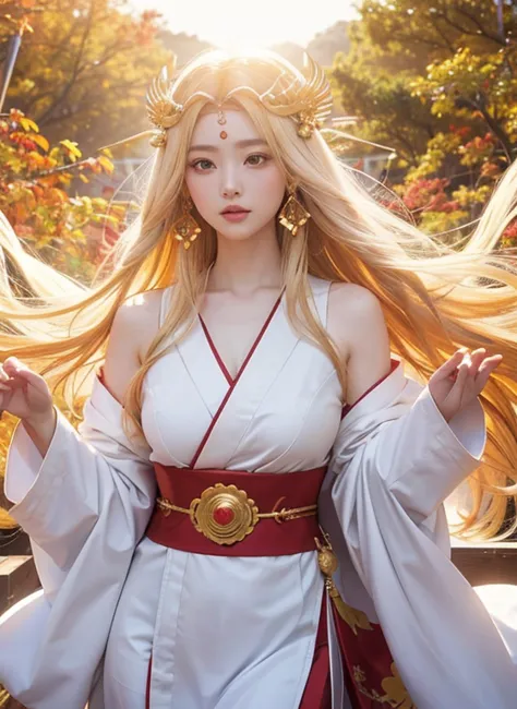 "amaterasu omikami, the japanese sun goddess from mythology. depict a beautiful and radiant woman with golden hair and a gracefu...