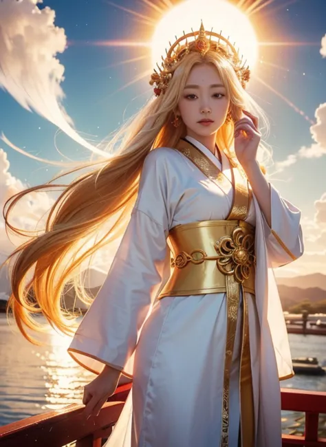 "amaterasu omikami, the japanese sun goddess from mythology. depict a beautiful and radiant woman with golden hair and a gracefu...