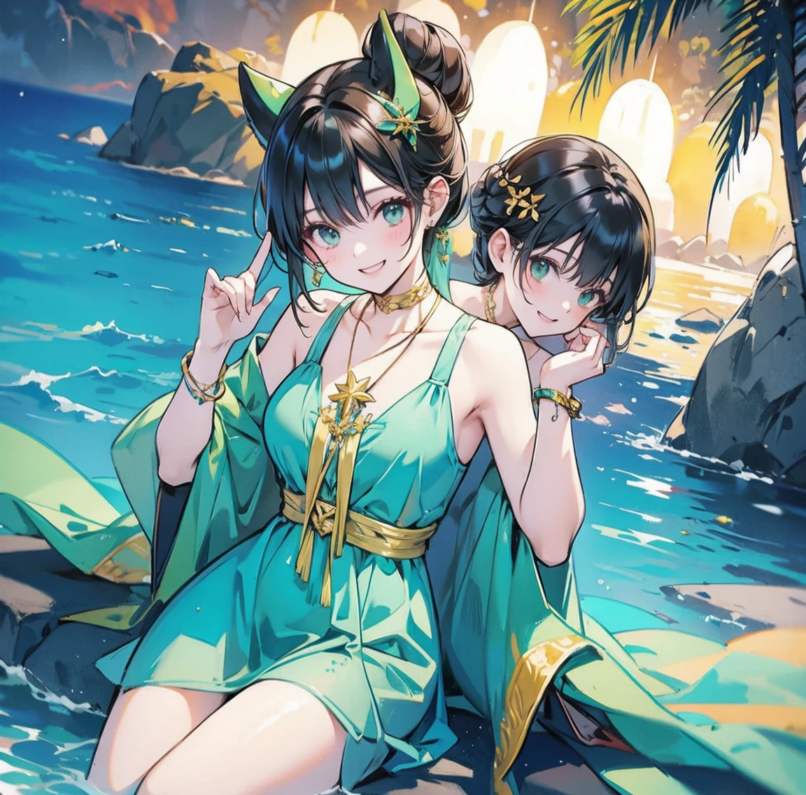 One woman、Gorgeous green swimsuit、,race,Black Hair、Short bun hair、hair ornaments、necklace、back、Golden devil horns、Anatomically correct,、Night beach、smile、Night Pool