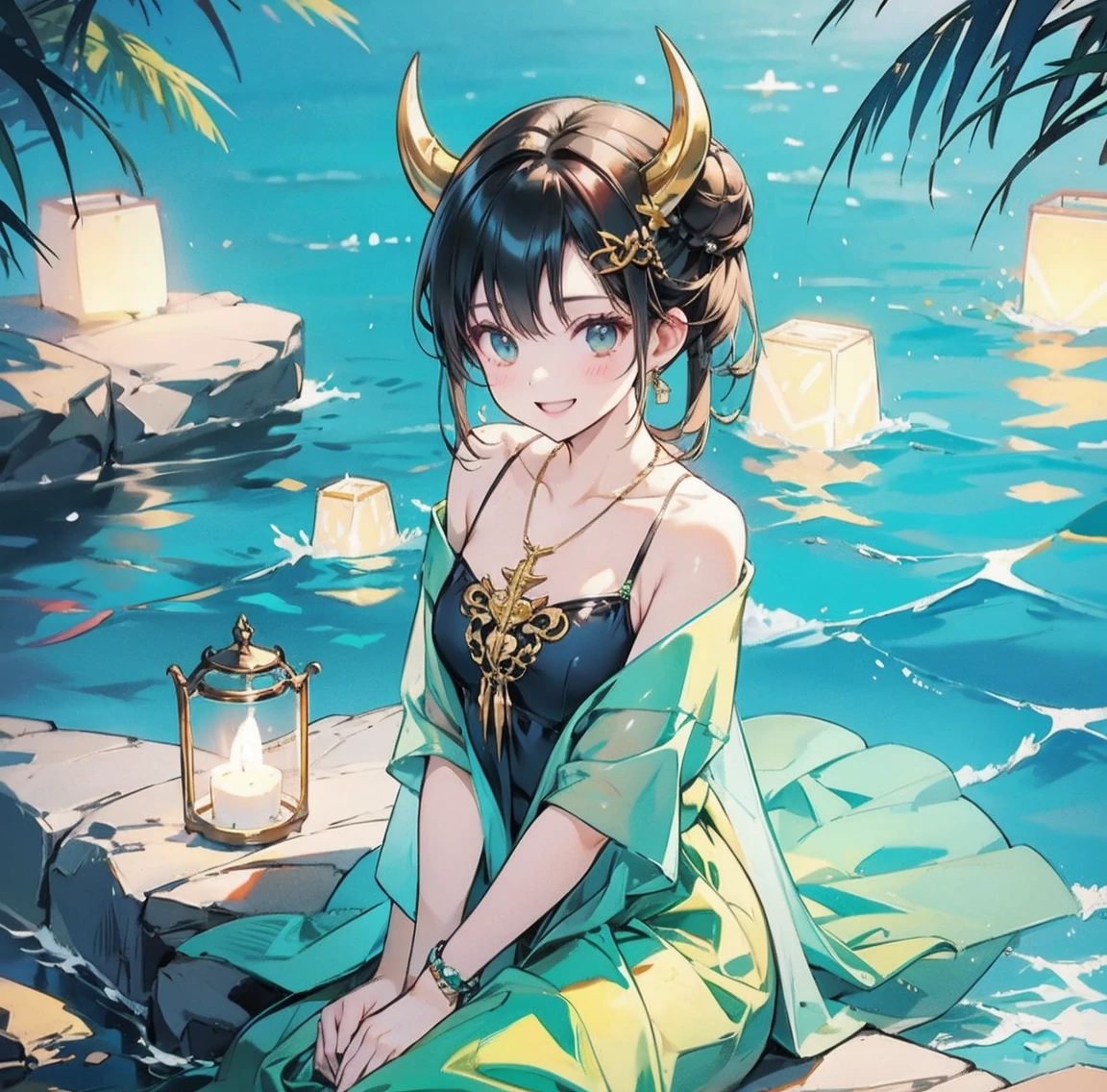 One woman、Gorgeous green swimsuit、,race,Black Hair、Short bun hair、hair ornaments、necklace、back、Golden devil horns、Anatomically correct,、Night beach、smile、Night Pool