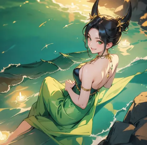 one woman、gorgeous green swimsuit、,race,black hair、short bun hair、hair ornaments、necklace、back、golden devil horns、anatomically c...