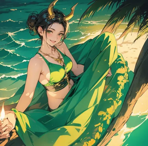 one woman、gorgeous green swimsuit、,race,black hair、short bun hair、hair ornaments、necklace、back、golden devil horns、anatomically c...