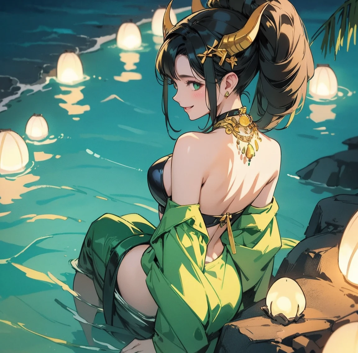 One woman、Gorgeous green swimsuit、,race,Black Hair、Short bun hair、hair ornaments、necklace、back、Golden devil horns、Anatomically correct,、Night beach、smile、Night Pool