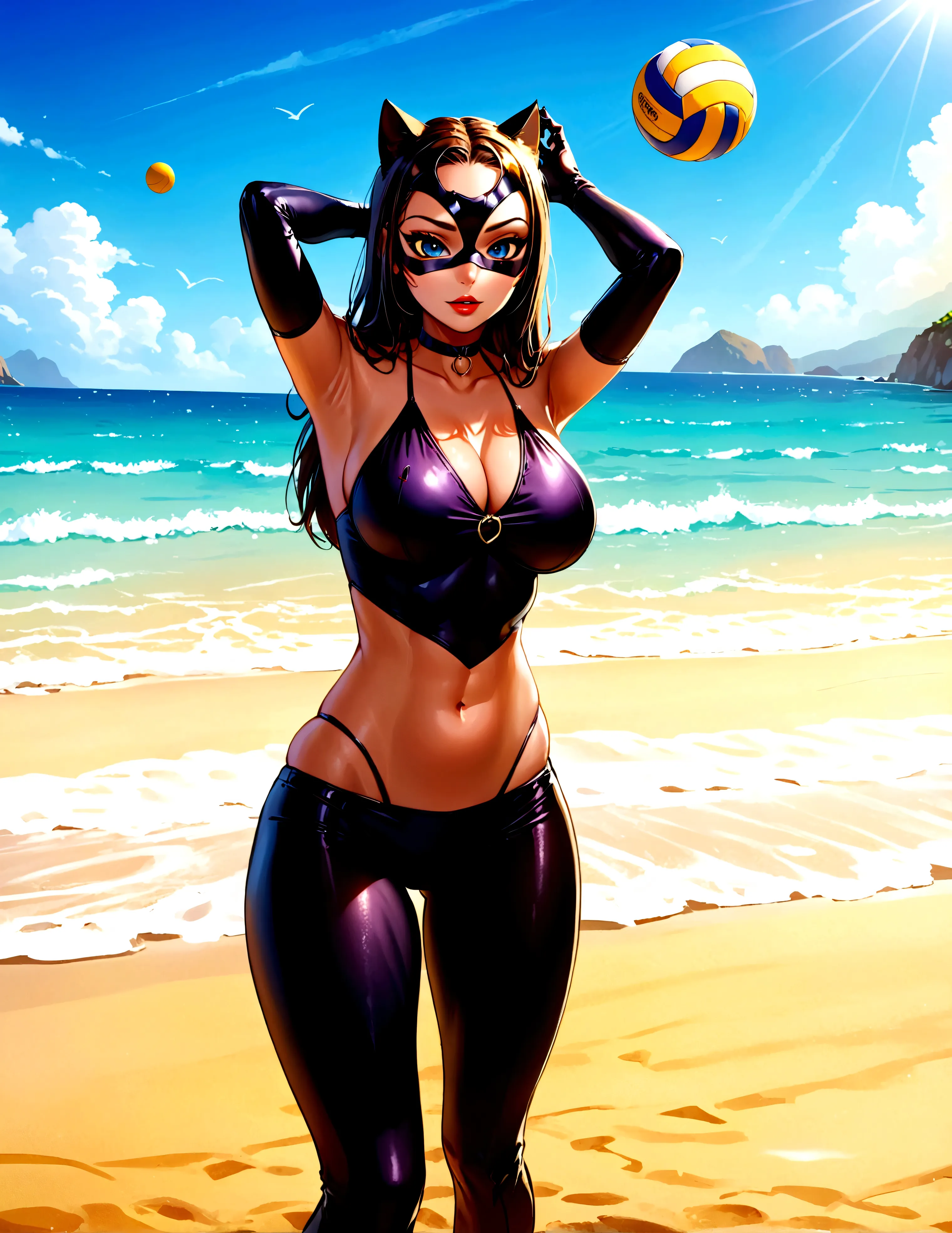  as Catwoman in a sinfully sexy beach outfit is playing volleyball on the beach