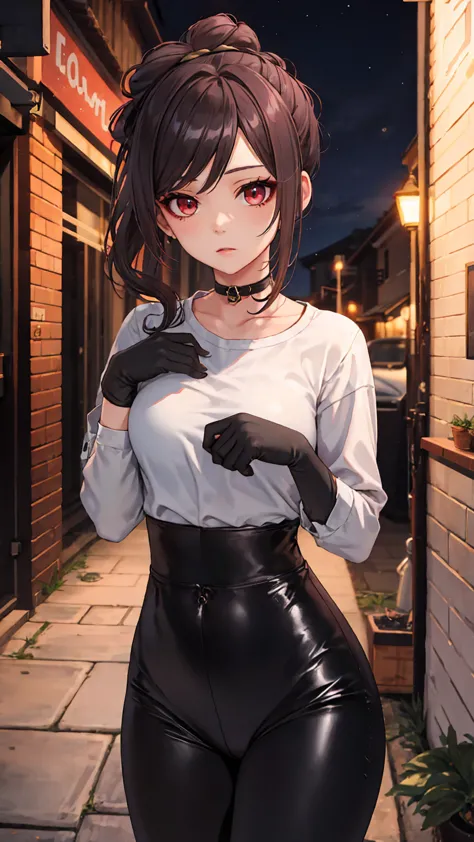 1 girl, chiori \(genshin impact\), alone, choker:1.6, white long sleeve shirt with long sleeve collar,  black gloves that cover ...