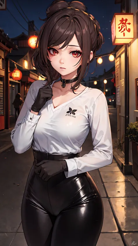 1 girl, chiori \(genshin impact\), alone, choker:1.6, white long sleeve shirt with long sleeve collar,  black gloves that cover ...