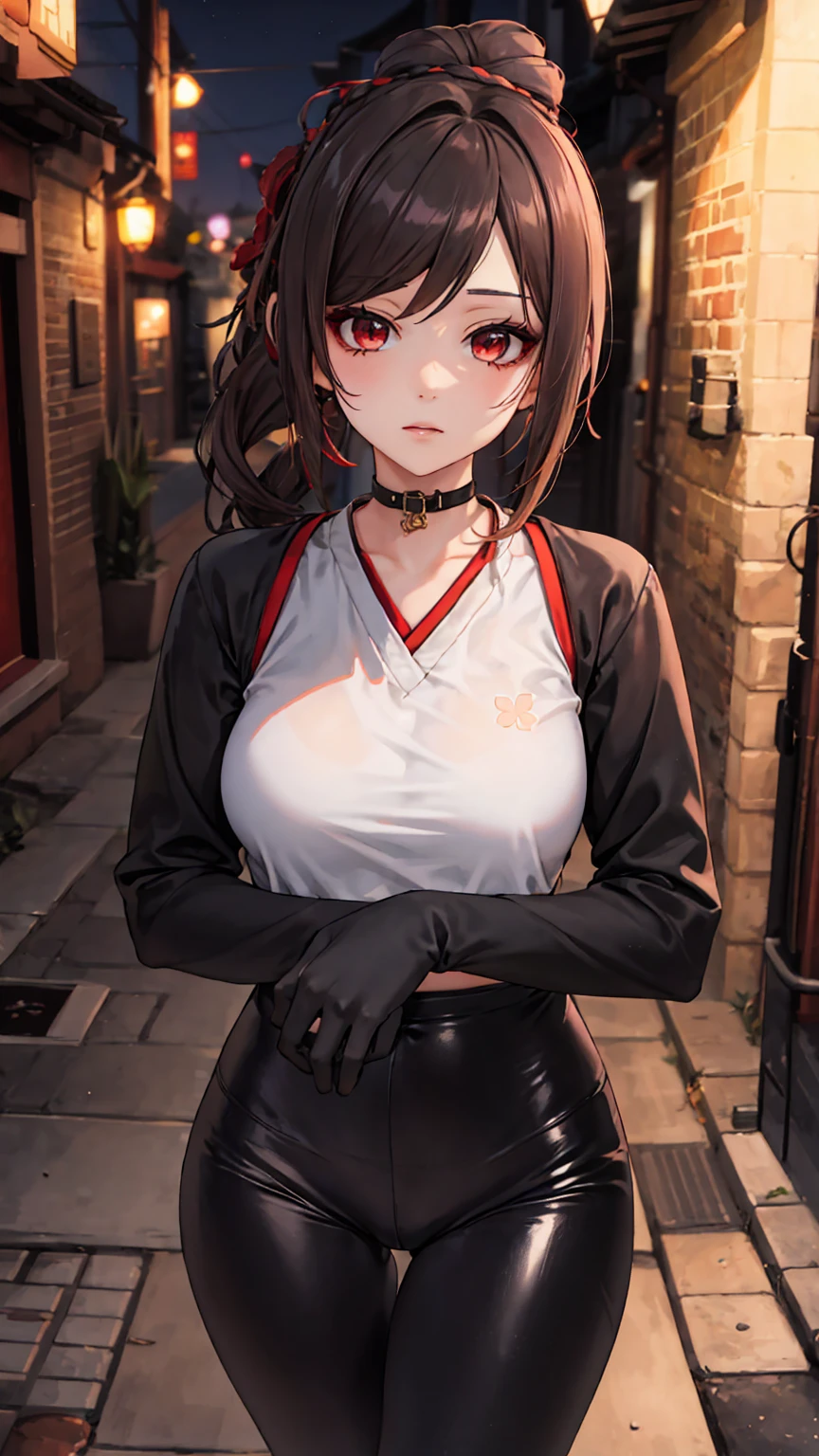 1 girl, Chiori \(genshin impact\), Alone, choker:1.6, White long sleeve shirt with long sleeve collar,  black gloves that cover your hands, shiny black leggings, looking at the viewer,, inside, depth of field, expressionless, alley, at night