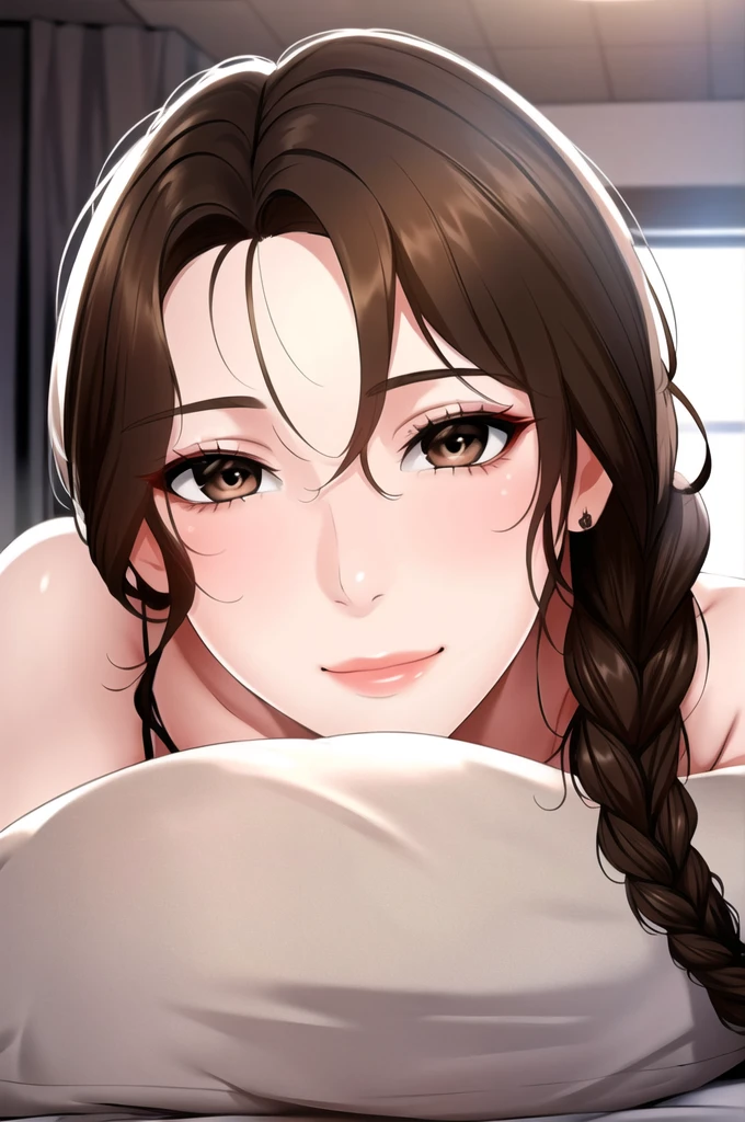 (8k, RAW photo, best quality, masterpiece:1.2),
1girl,solo,mature female,brown hair,single braid,smile,
looking at viewer, Masterpiece、highest quality、1 mature female、Super detailed　T-Shirts　Face is close、Facial Close-up、Bring your face closer、Lying on the Sheets、Lying on your side　Sheets