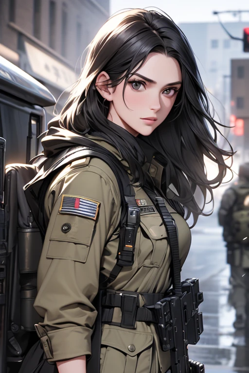 (melhor qualidade,4K,8K,alta resolução,obra de arte:1.2),Ultra-detalhado,realista,photorealista:1.37, 2 mulheres com cabelo preto liso vestindo um uniforme militar preto em um cenário de guerra 