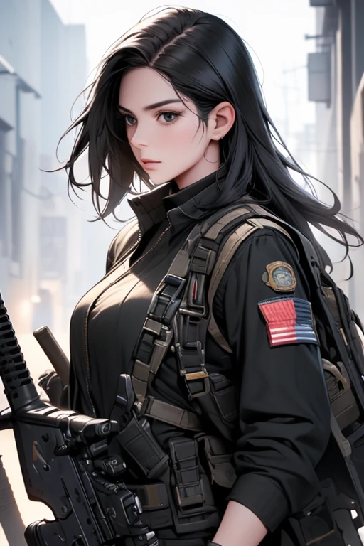 (beste Qualität,4k,8k,highres,Meisterwerk:1.2),ultra-detailliert,realistisch,photorealistisch:1.37, 2 Frauen mit glattem, schwarzem Haar, die eine schwarze Militäruniform in einer Kriegssituation tragen 