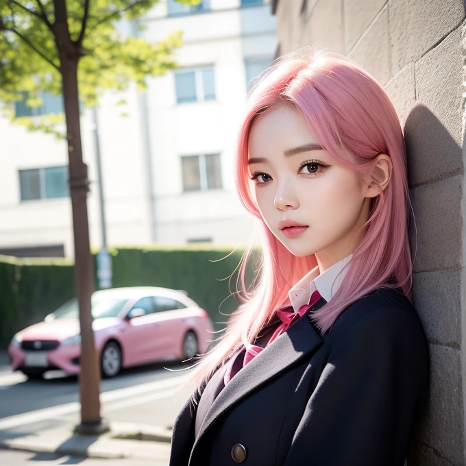 One person girl，View Lens，Pink Hair，Wear ，masterpiece，high quality，8K，最high quality，Realistically，Vivid details，One huge breasted girl，Adorable，Beautiful face with lots of detail，One Man，View your viewers，The street faces the wall，Standing on the street，uniform，Perfect detail。