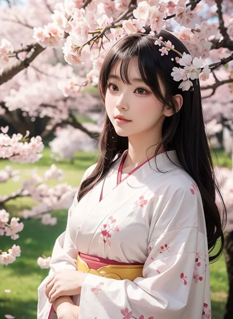 "konohanasakuya-hime, the japanese goddess of cherry blossoms from mythology. depict a beautiful woman standing under a canopy o...