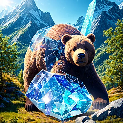 A gigantic bear cloaked in transparent crystals, residing deep within the mountains, shimmering beautifully under the sunlight, ...