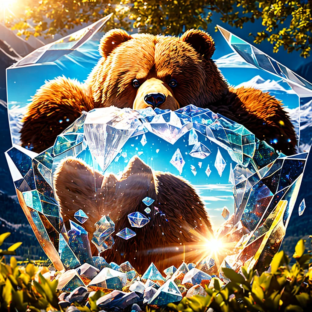 A gigantic bear cloaked in transparent crystals, residing deep within the mountains, shimmering beautifully under the sunlight, displaying the serene and majestic Crystal Bear