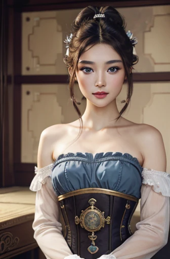 tmasterpiece，high resolution, a dynamic photorealistic picture of a beautiful and delicate aristocratic Asian maiden，the dark brown hair in a sophisticated bun, gorgeous gray-blue eyes giving an appraising look, a mysterious look, a haughty smile, pale skin, steampunk, pale pink ribbons, conservative Victorian clothing