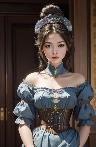 chef-d&#39;œuvre，haute résolution, une image photoréaliste dynamique d&#39;une belle et délicate jeune fille aristocratique asiatique，les cheveux châtain foncé dans un chignon sophistiqué, de magnifiques yeux gris-bleu donnant un regard évaluateur, Un regard mystérieux, Un sourire hautain, peau pâle, Steampunk, rubans rose pâle, vêtements victoriens conservateurs, froufrous, col montant