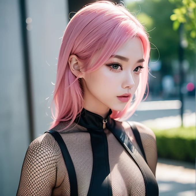 (wearing Fishnet bodystocking :1.3),One person girl，View Lens，Pink Hair，Wear ，masterpiece，high quality，8K，最high quality，Realistically，Vivid details，One huge breasted girl，Adorable，Beautiful face with lots of detail，One Man，View your viewers，The street faces the wall，Standing on the street，uniform，Perfect detail。