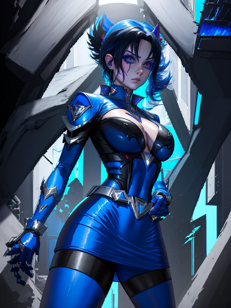 Power Ranger azul, huracán ,Mujer gótica sexy pecho grande, hoja de personaje,maquillaje gótico, diseño de personaje,ver todos los lados, detalle completo diferentes poses