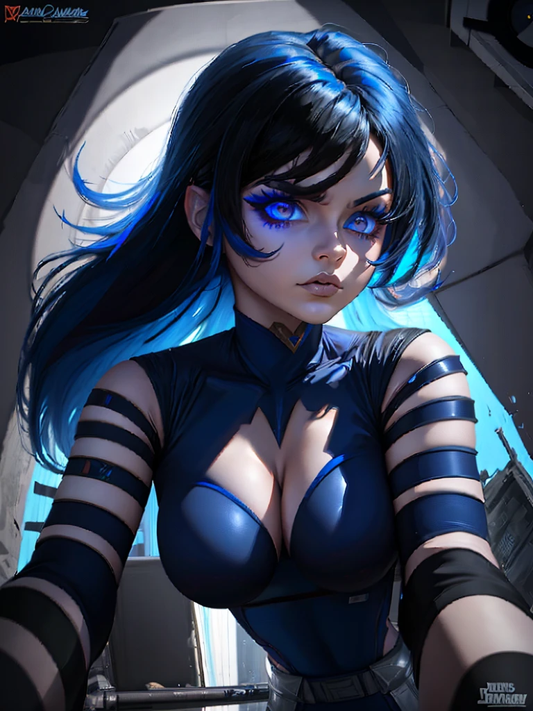 Blauer Power Ranger, Hurrikan ,Sexy Gothic-Frau mit großen Brüsten, Charakterbogen,Gothic Make-up, Charakter-Design,Alle Seiten anzeigen, alle Details verschiedene Posen