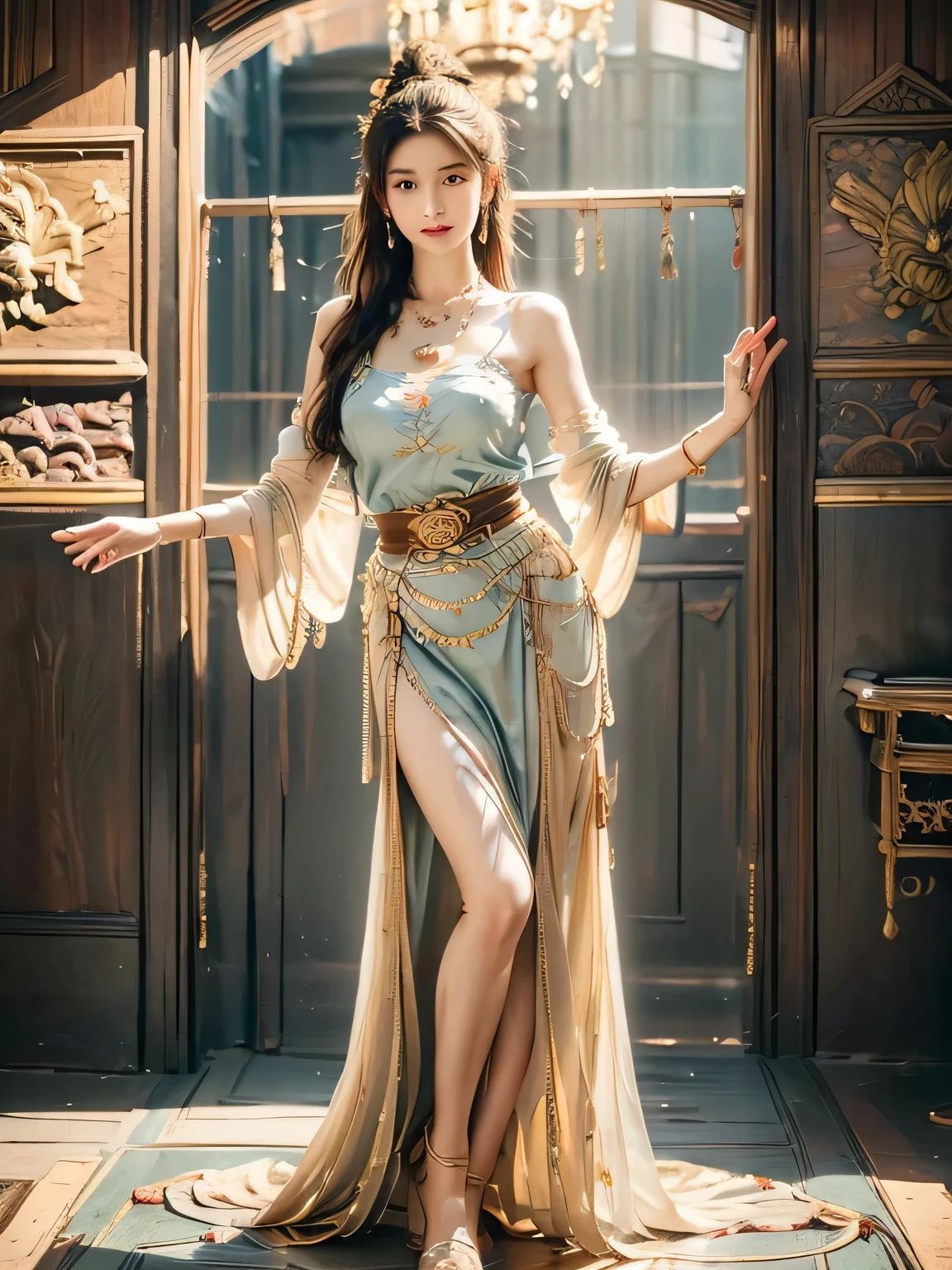 (Masterpiece: 1.3), best quality, high resolution, a tall and beautiful mother with dense textured skin, fine double eyelids and bright eyes, dark brown wavy hair, dunhuang_dress, dunhuang_clothes, around a belt, wearing a necklace, presenting beautiful facial details and skin texture, standing in water in a large bathroom, transparent window in hotel, mature woman, fifty years old, teardrop shaped 