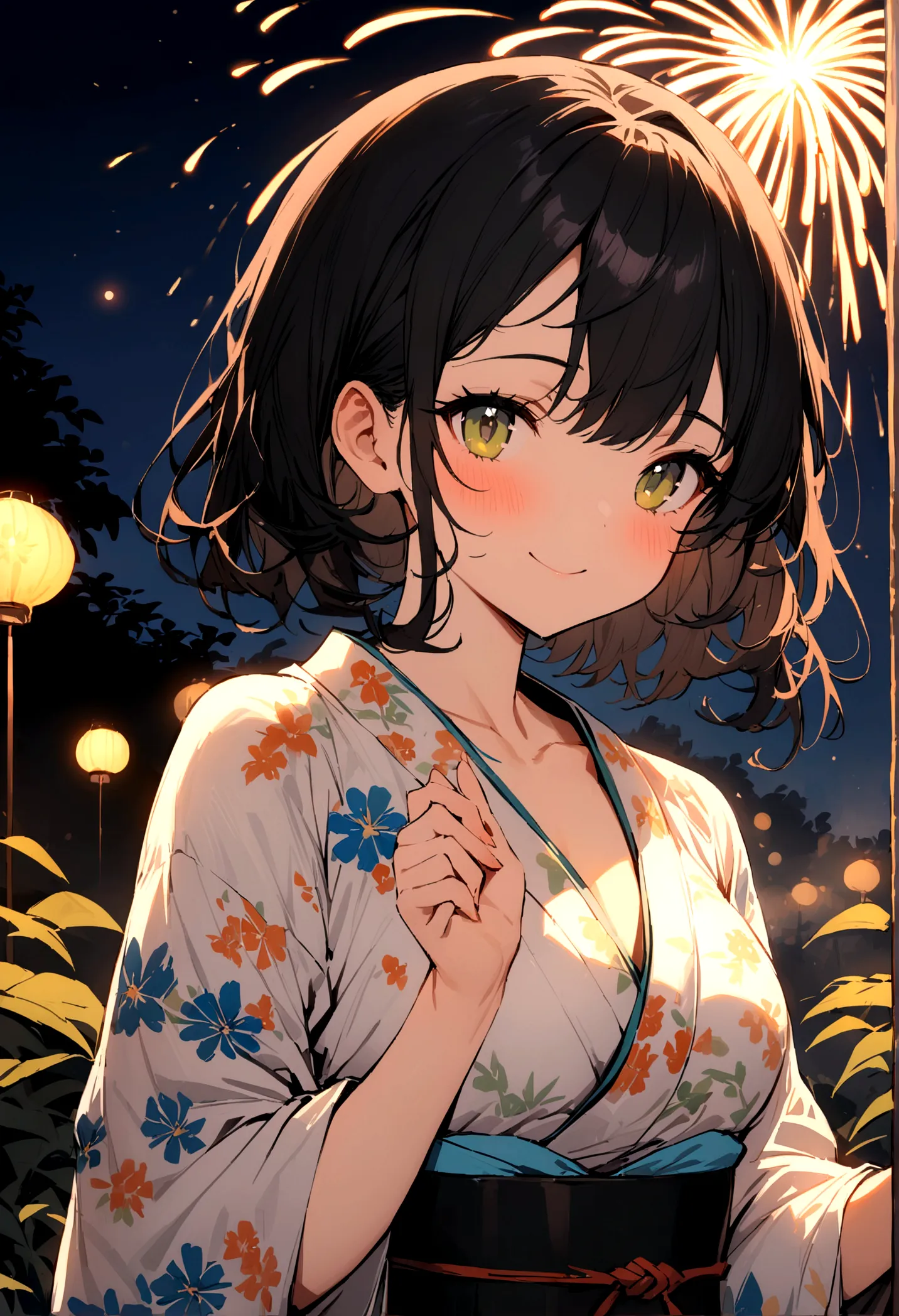 masterpiece, best quality, Summer Kimono, Flowering, firework, firefly，（（Waves）），Smile, Night Sky, Black hair