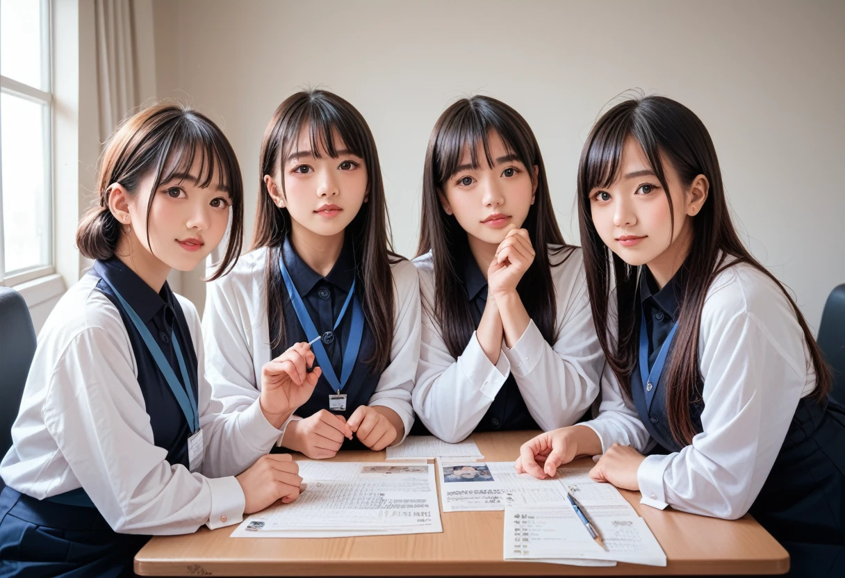 8K, original photo, best quality, masterpiece, actual, photo actual, Clear, professional lighting, pretty face, best quality,Ultra-high resolution, actual japanese beautiful, 4 girls, recover