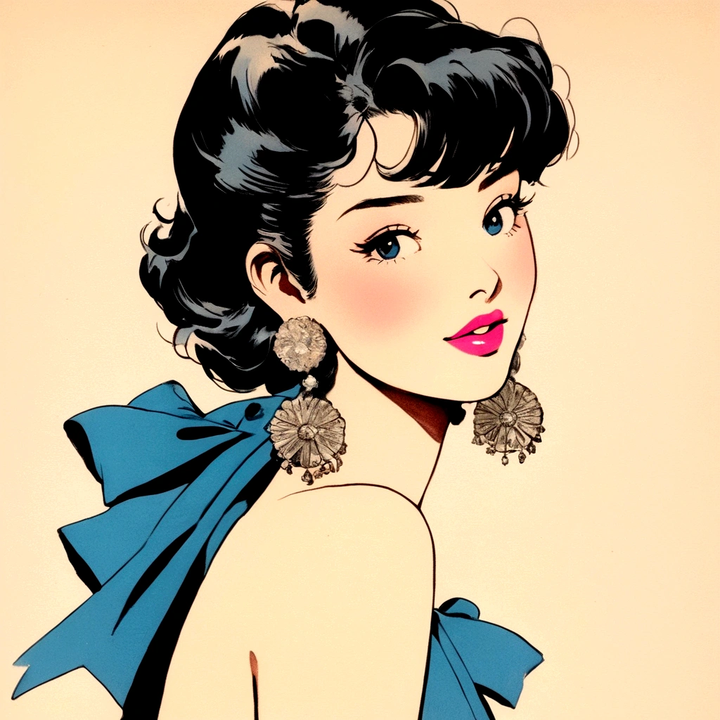 A retro girl（Cute:1.3 points）,（Eighties:1.4 points）,（Retro Hong Kong style:1.3 points），Hojoji style，Vintage pictorial，Showa manga，1990s animation style，Vintage jewelry，Black short hair，earrings，necklace，Blue Eyes，Bow，Bust，clavicle，Pink lips，Off-shoulder tops，黑色necklace，Bangs，Simple background，（Gray tone：1.2）