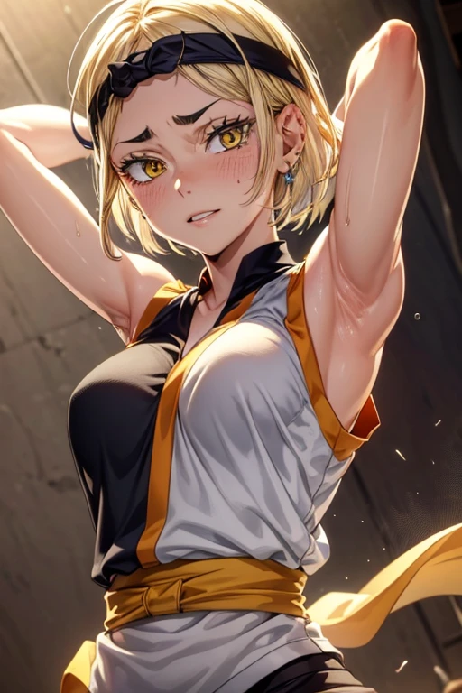 8k high resolution, detailed face, detailed body, perfect body, ultra high quality, 1 girl, sleeveless shirt, arms up, armpit, sweating, black headband, yellow eyes, sweating, sweaty armpits