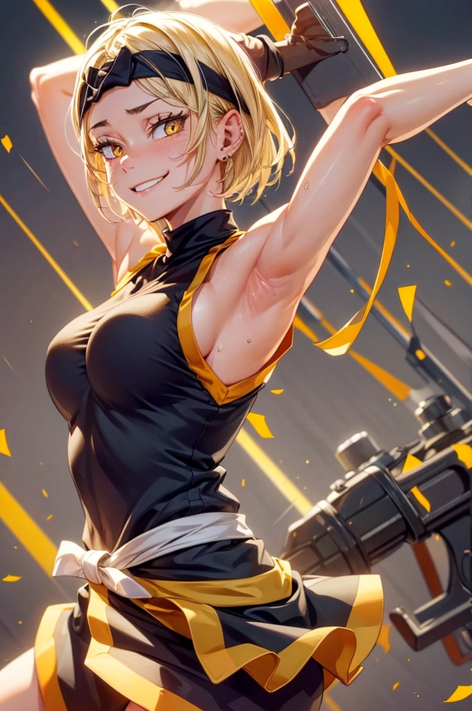 8k high resolution, detailed face, detailed body, perfect body, ultra high quality, 1 girl, sleeveless shirt, seductive smile, arms up, armpit, sweating, black headband, yellow eyes, sweating, sweaty armpits