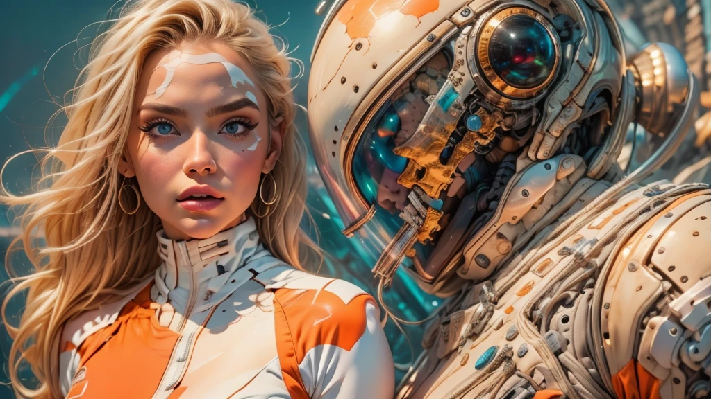 arafed image of a white woman in a futuristic suit with a spaceship in the background, movie art, in front of an orange background, inspired by Robert McGinnis, female protagonist, megastructure in the background, portrait of an ai astronaut, astronauts, an astronaut, portrait of a astronaut skeletor, perfect android girl, Highly Detailed Face and Skin Texture, Detailed Eyes, Double eyelids, perfectly detailed teeth, frank franzzeta and sakimichan  