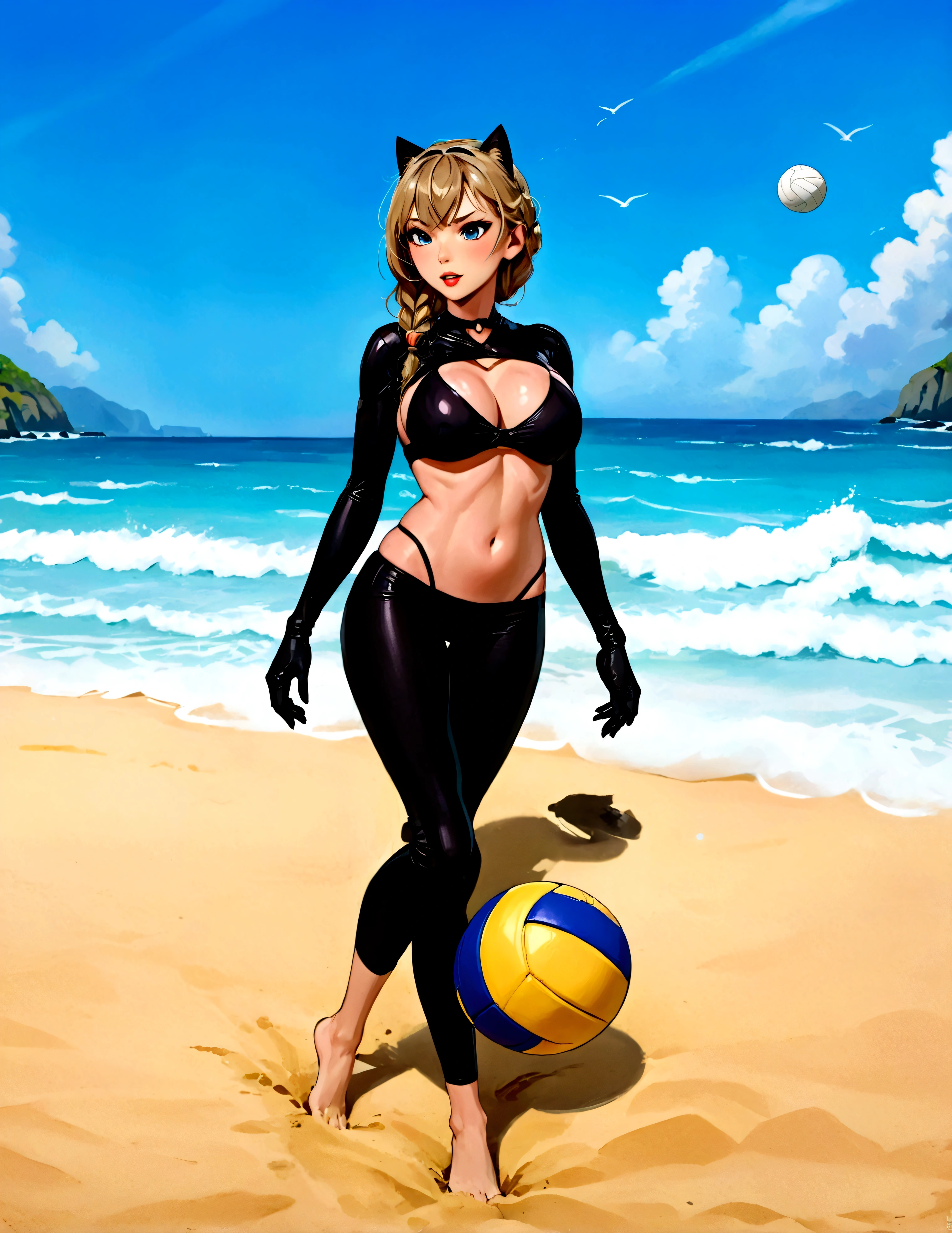 mujer ágil como Catwoman con un atuendo de playa pecaminosamente sexy (pechos y trasero demasiado expuestos) está jugando voleibol en la playa
