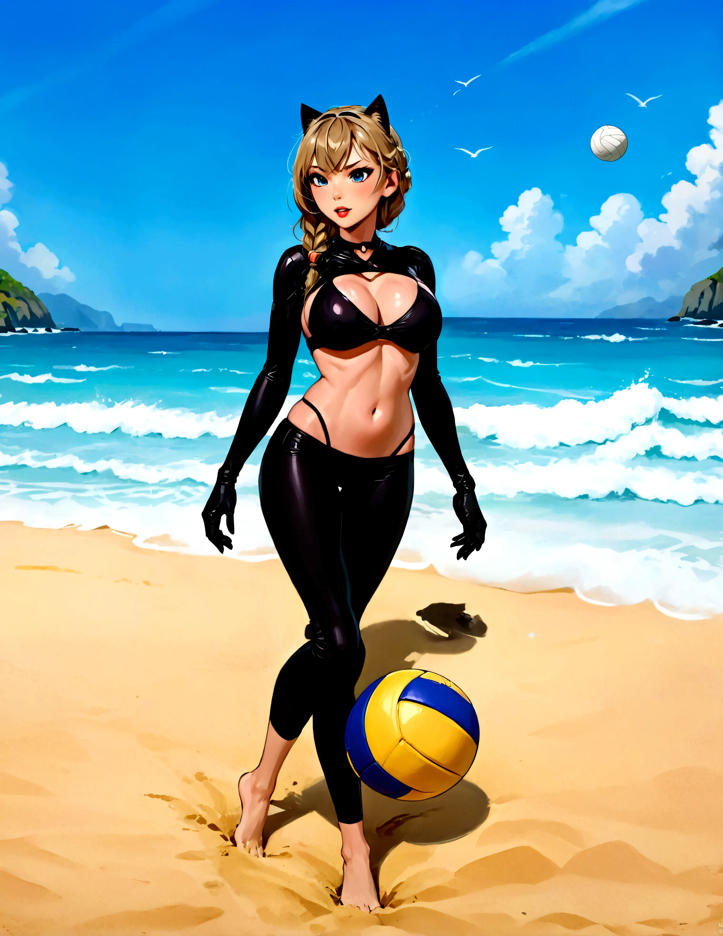 swift woman as Catwoman in a sinfully sexy beach outfit (breasts and butt over exposed) is playing volleyball on the beach
