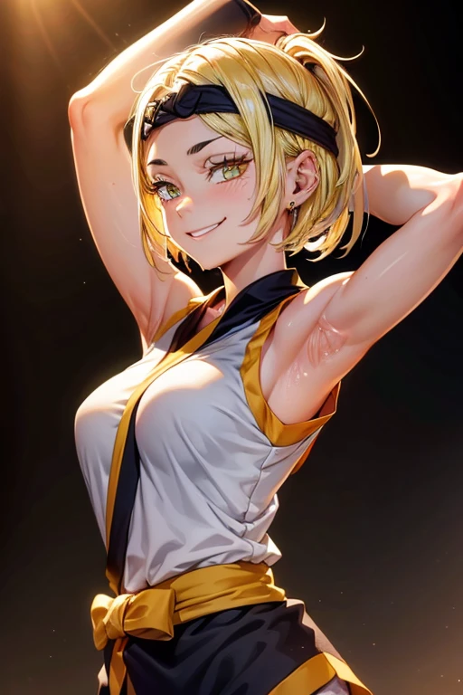 8k high resolution, detailed face, detailed body, perfect body, ultra high quality, 1 girl, sleeveless shirt, seductive smile, arms up, armpit, sweating, black headband, yellow eyes, sweating, sweaty armpits