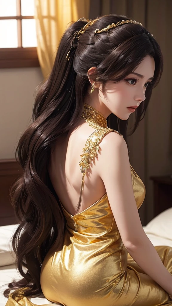 um close de uma mulher em um vestido dourado deitada em uma cama,((,Olhe por trás)), ((até Budd)) , artgerm extremamente detalhado, Arte detalhada de alta qualidade 8k,  foto de deusa extremamente detalhada