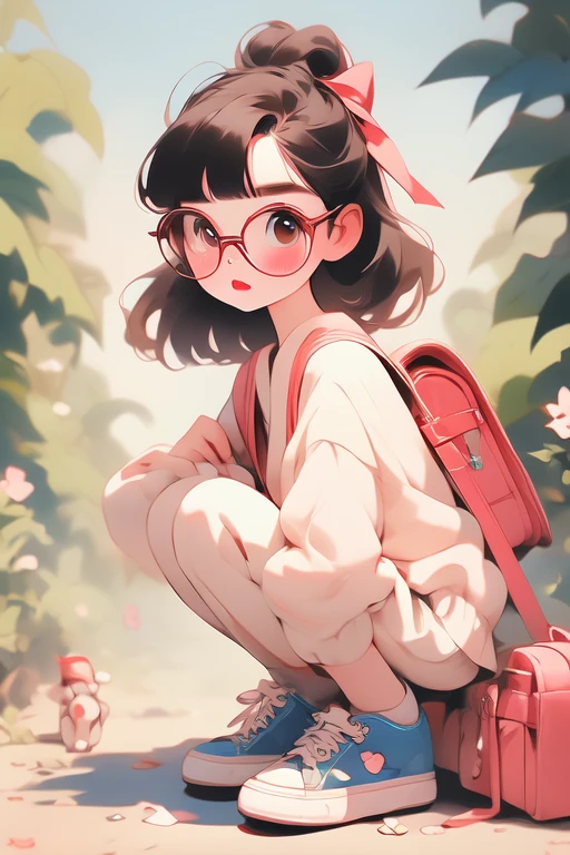 masterpiece, Highest quality，Girl，pale black hair，Blunt bangs，Thick eyebrows，Brown eyes，Glasses，Very short stature，Very thin thighs，Short summer dress，Blue Ribbon，White socks，sneakers，Lawn in the park during daytime，Crouched down, facing me，Red School Bag，