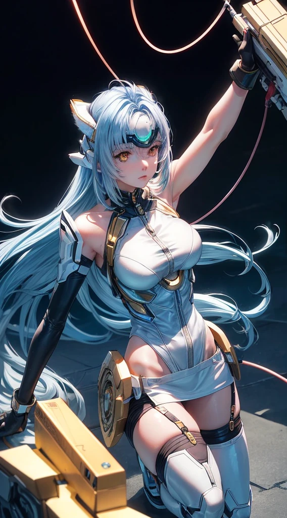 top-quality、​masterpiece、超A high resolution、(Photorealsitic:1.4)、女の子1人、Light blue hair、Straight hair, shiny and clean hair、White shiny skin、Sexy Cyberpunk Girl、((super realistic details))、Shadow、octan render、ultrasharp、hyperdetailed face、Fiberglass、Luminous tube、highly intricate detail、Realistic light、CGSoation Trends、((Golden Eyes))、(Facing the camera)、neon detailechanical limbechanical vertebrae attached to the back、mechanical cervical attaching to neck、Wires and cables connecting to the head、((valkyrie))、((Beam Cannon))、Combat stance