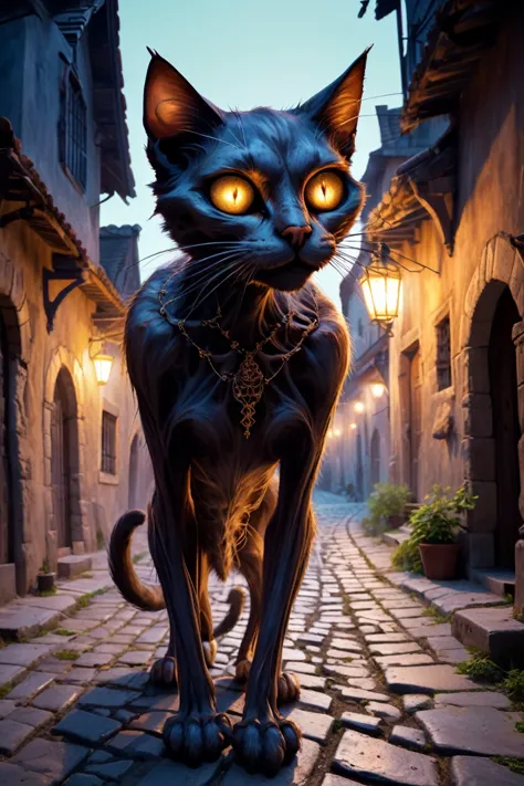 zkeleton, creepy, A curious cat spirit, with translucent whiskers, prowling the alleys of an old town at dusk.