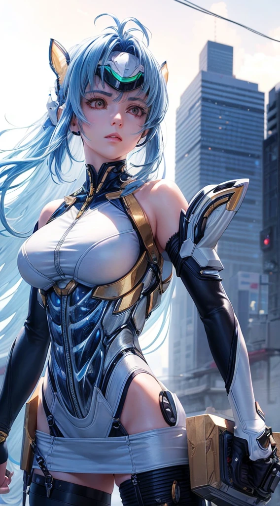 top-quality、​masterpiece、超A high resolution、(Photorealsitic:1.4)、女の子1人、Light blue hair、Straight hair, shiny and clean hair、White shiny skin、Sexy Cyberpunk Girl、((super realistic details))、Shadow、octan render、ultrasharp、hyperdetailed face、Fiberglass、Luminous tube、highly intricate detail、Realistic light、CGSoation Trends、((Golden Eyes))、(Facing the camera)、neon detailechanical limbechanical vertebrae attached to the back、mechanical cervical attaching to neck、Wires and cables connecting to the head、((valkyrie))、((Beam Cannon))、Combat stance