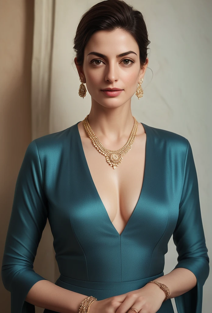 A stunning portrait of an Indian milf woman, reminiscent of Anne Hathaway's elegance. The subject's undercut hair adds a touch of modernity to her classic beauty. Her navel is subtly showcased, drawing attention to her toned physique. Perfectly symmetrical eyes sparkle with joy, framed by hyper-realistic skin texture that seems almost tactile. Soft, rim ambient lighting illuminates her features, as if bathed in the warm glow of a setting sun. Shot on high-end DSLR equipment, this 8K image boasts film-like grain and exceptional quality, capturing every detail with Fujifilm XT3 precision.