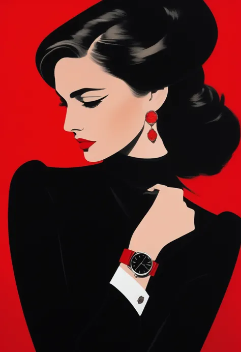 The image is a digital artwork of a woman in a black dress and black tie, with a red background and a watch on her wrist.