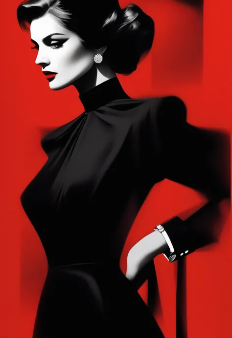  The image is a digital artwork of a woman in a black dress and black tie, with a red background and a watch on her wrist.