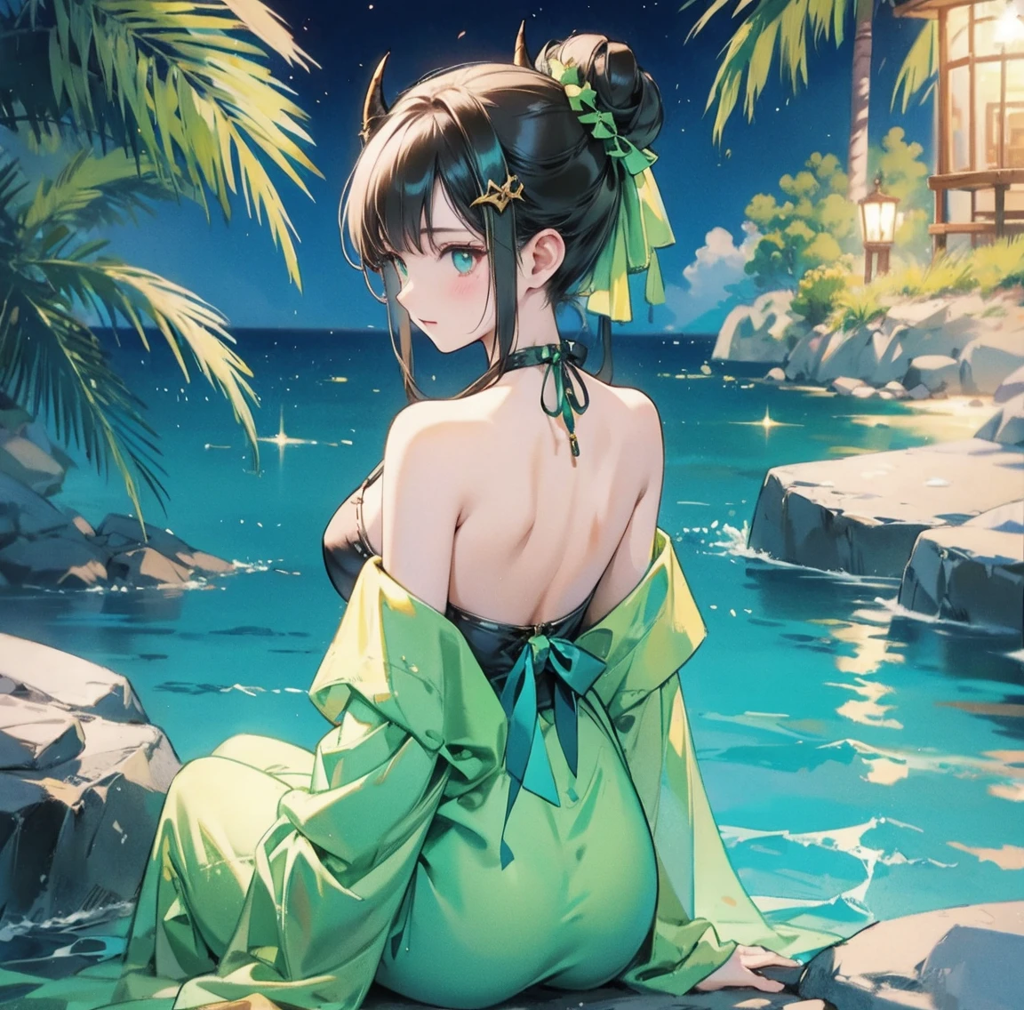 One woman、Gorgeous green swimsuit、,race,Black Hair、Short bun hair、hair ornaments、necklace、back、Golden devil horns、Anatomically correct,、Night beach、Night Pool