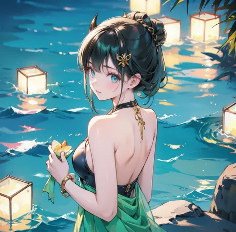 one woman、gorgeous green swimsuit、,race,black hair、short bun hair、hair ornaments、necklace、back、golden devil horns、anatomically c...