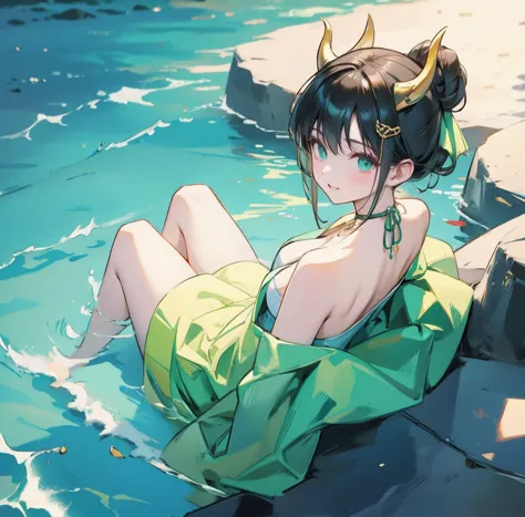 one woman、gorgeous green swimsuit、,race,black hair、short bun hair、hair ornaments、necklace、back、golden devil horns、anatomically c...