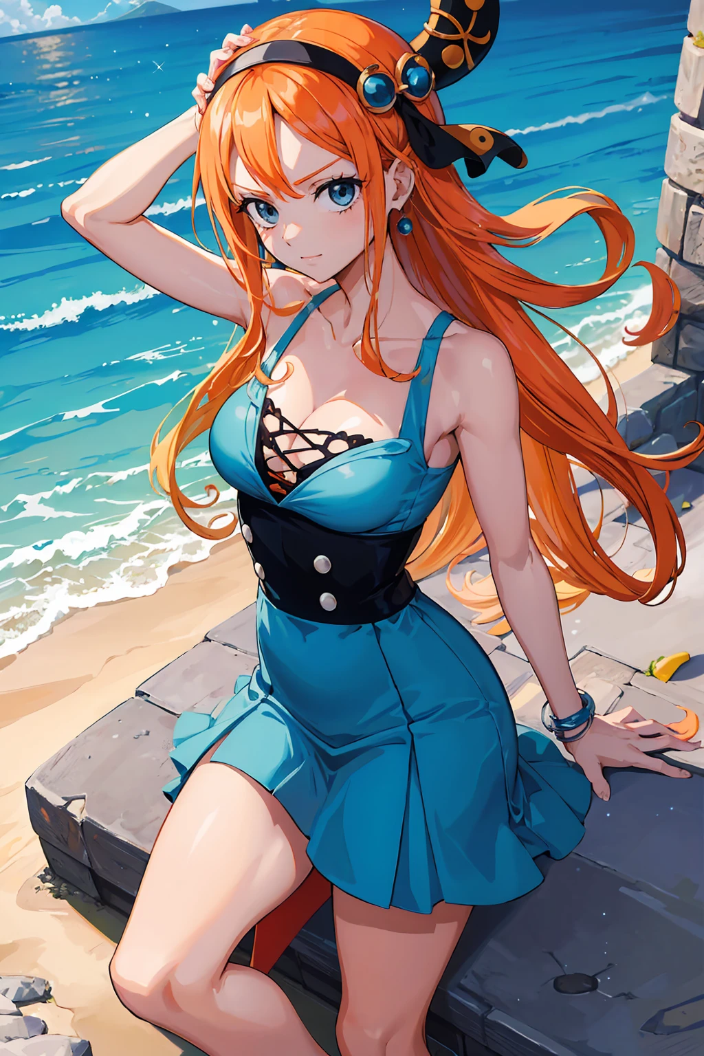 Gere uma imagem realista de estilo anime de Nami de One Piece. Capture seu visual distintivo com cabelos laranja, uma camisa listrada azul e branca, e uma expressão alegre. Certifique-se de que eu&#39;a imagem reflete sua personalidade aventureira e confiante, como representada em&#39;anime.., Planeje grande , O corpo inteiro, Curvilínea e atlética, Peito grande, cuisses épaisses, Bunda.