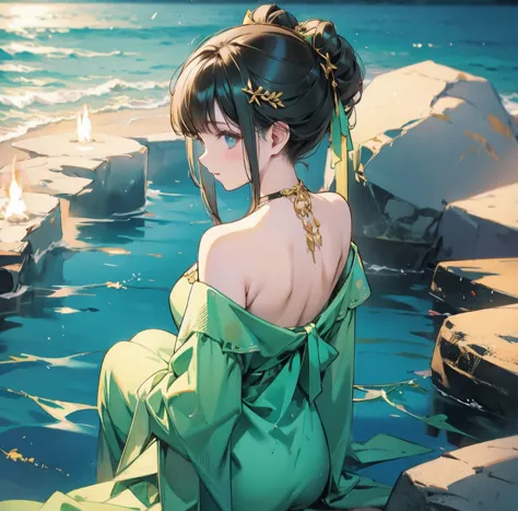 one woman、gorgeous green swimsuit、,race,black hair、short bun hair、hair ornaments、necklace、back、golden devil horns、anatomically c...